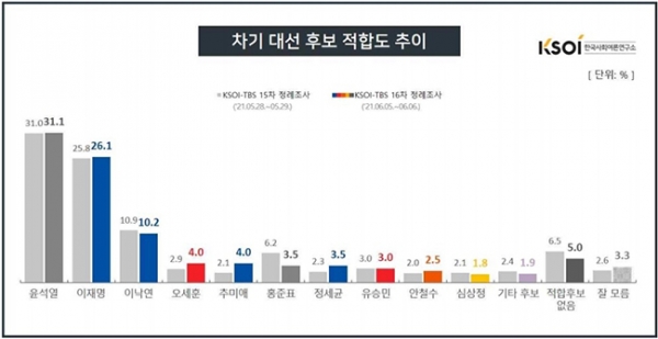 차기대선후보적합도/자료제공=한국사회여론연구소