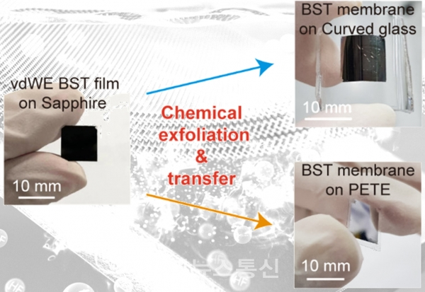 고성능 2차원 열전박막을 분리해 평면과 곡면에 붙인 모습 [사진제공=부경대학교]