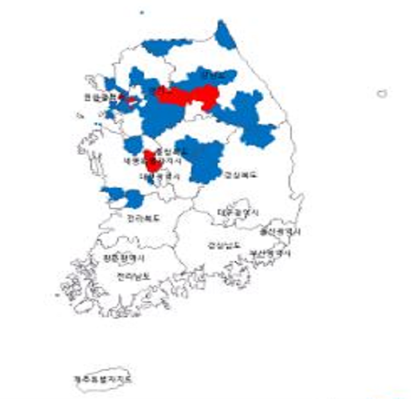 산사태 예보 발령지역. 빨간색=경보, 파란색=예보(자료제공 : 산림청)