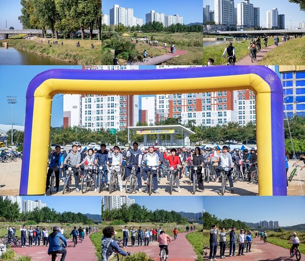 ▲300여명이 참여해 보강천 체육공원 일원에서 열린 ‘2022 증평 자전거대행진’ (사진=증평군)